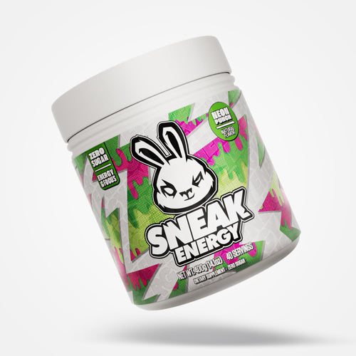 Sneak Energy neon punch container with a cartoon rabbit design on a white background