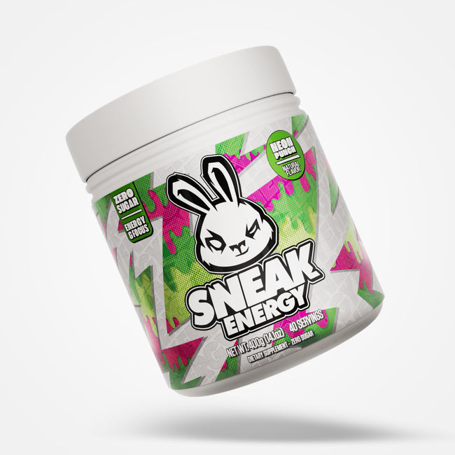 Sneak Energy neon punch container with a cartoon rabbit design on a white background