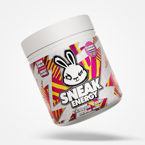 Sneak Energy raspberry lemonade container with a colorful label on a white background