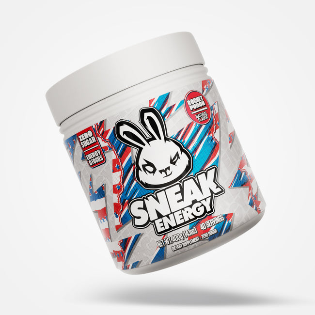 Sneak Energy rocket punch container with a rabbit logo on a white background