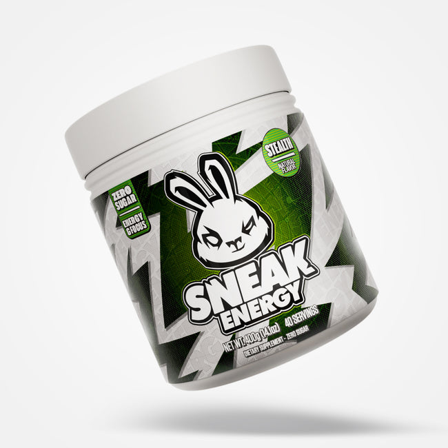 Container of Sneak Energy stealth with a green and white design on a white background