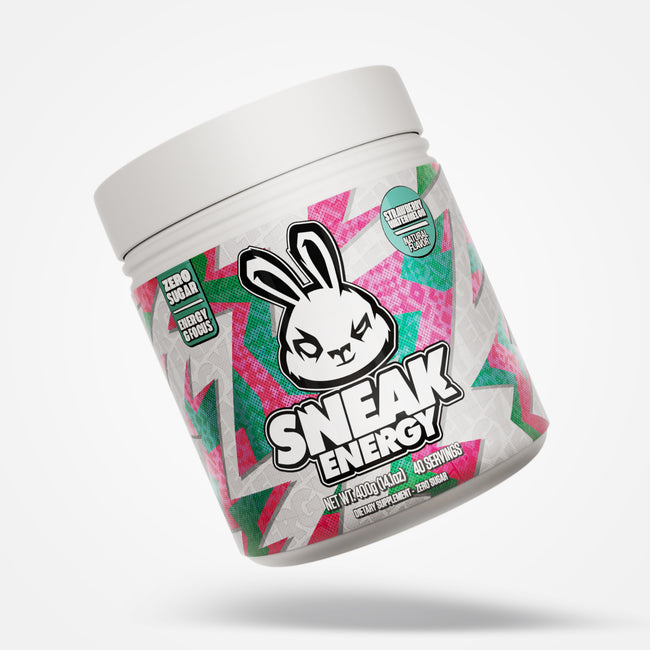 Sneak Energy strawberry watermelon container with colorful design and rabbit logo on a white background