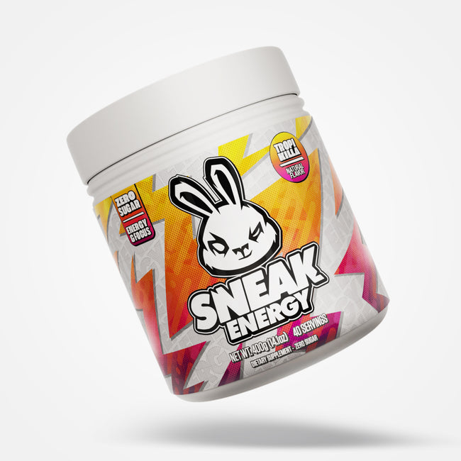 Sneak Energy tropikilla container with a cartoon rabbit design on a white background