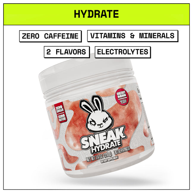 Sneak Hydrate supplement container with branding and product features on a white background