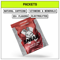 Red packet with a white rabbit logo labeled 'SNEAK' on a white background with text about product features.