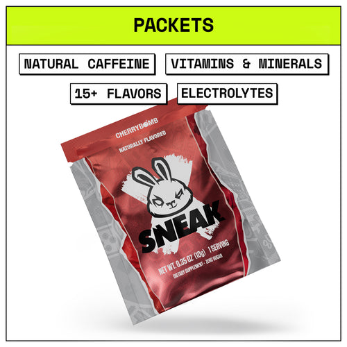 Red packet with a white rabbit logo labeled 'SNEAK' on a white background with text about product features.